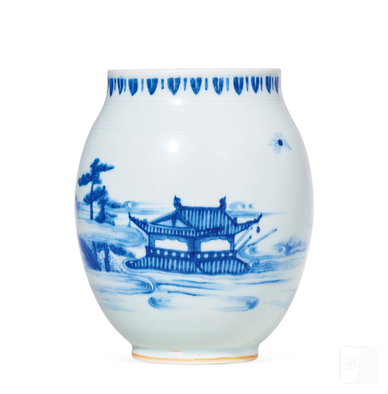 明崇祯 青花“海屋添筹”图莲子罐